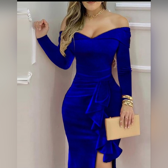 Off Shoulder Velvet Ruffles High Slit Evening Dress - Picture 1 of 3
